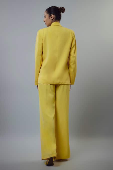 Emblaze Yellow Banana Crepe Embellished Blazer Set 