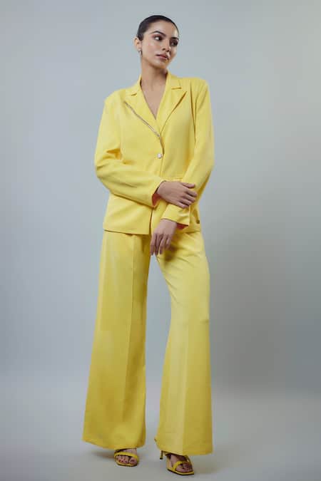 Emblaze Yellow Banana Crepe Embellished Blazer Set 