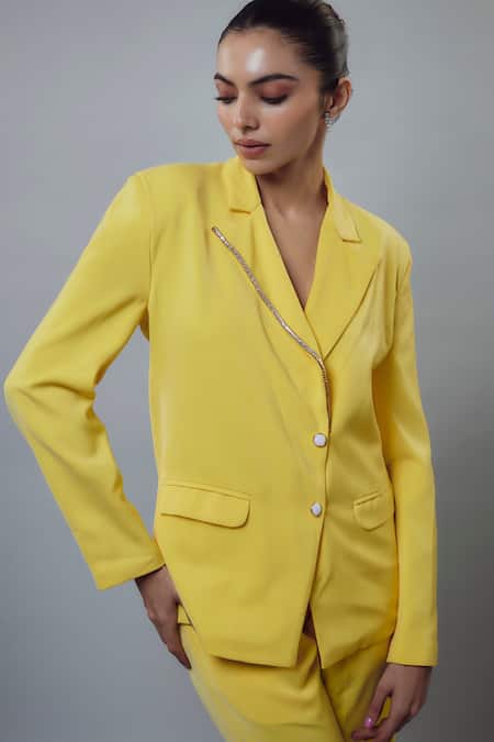 Shop_Emblaze_Yellow Banana Crepe Embellished Blazer Set _Online_at_Aza_Fashions