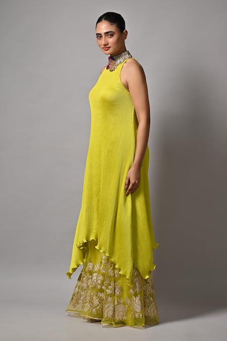 Kiran Uttam Ghosh_Yellow Polyester Embroidery High Neck Hand Dress _Online_at_Aza_Fashions