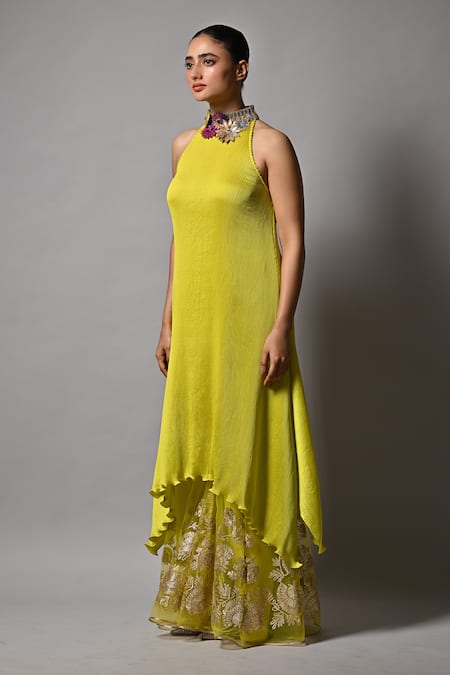Buy_Kiran Uttam Ghosh_Yellow Polyester Embroidery High Neck Hand Dress _Online_at_Aza_Fashions