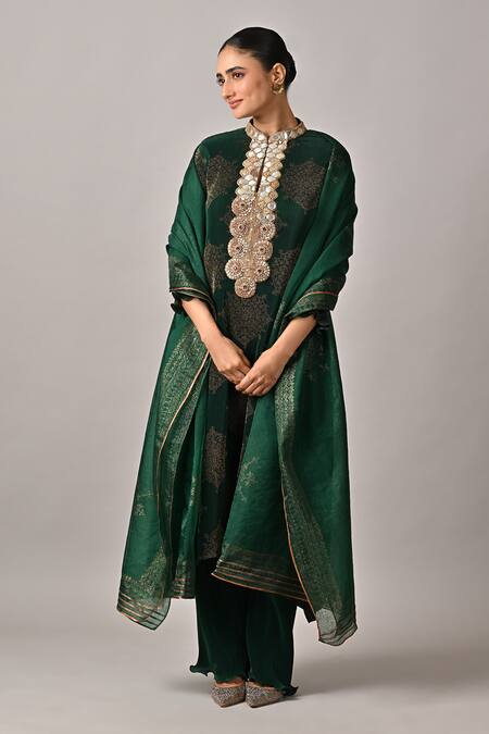 Kiran Uttam Ghosh_Green Polyester Embroidery Round Neck Hand Kurta _Online_at_Aza_Fashions