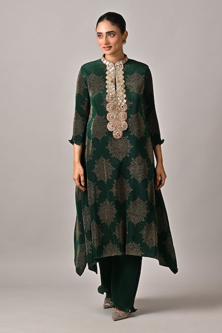 Kiran Uttam Ghosh Green Polyester Pleated Pant 