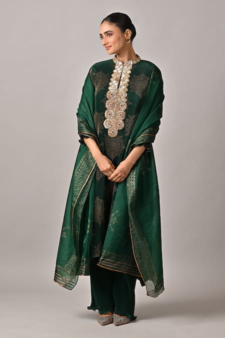 Kiran Uttam Ghosh Green Pleated Pant 