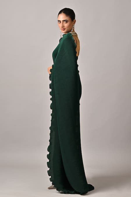 Shop_Kiran Uttam Ghosh_Green Polyester Round Neck Pleated Hand Embroidered Saree Set _Online_at_Aza_Fashions