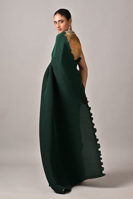 Kiran Uttam Ghosh Green Pleated Hand Embroidered Saree Set 