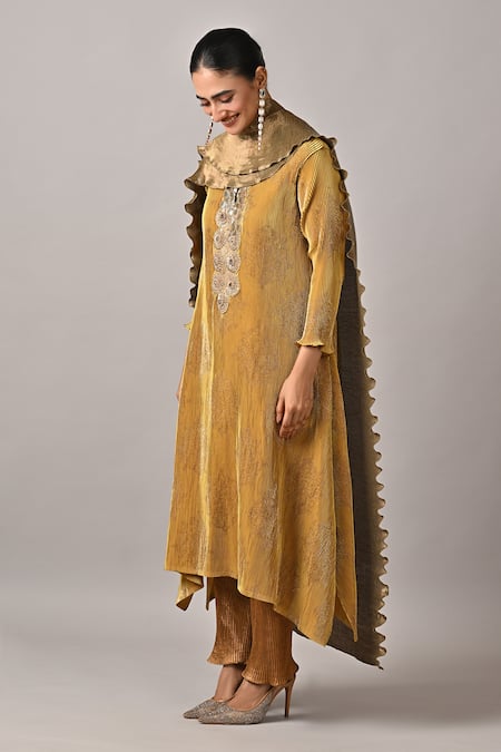 Kiran Uttam Ghosh_Mustard Polyester Sequins, Embroidery High Neck Hand Kurta _Online_at_Aza_Fashions