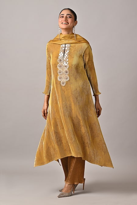 Kiran Uttam Ghosh Mustard Polyester Sequins, Embroidery High Neck Hand Kurta
