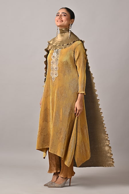 Buy_Kiran Uttam Ghosh_Mustard Polyester Sequins, Embroidery High Neck Hand Kurta _Online_at_Aza_Fashions