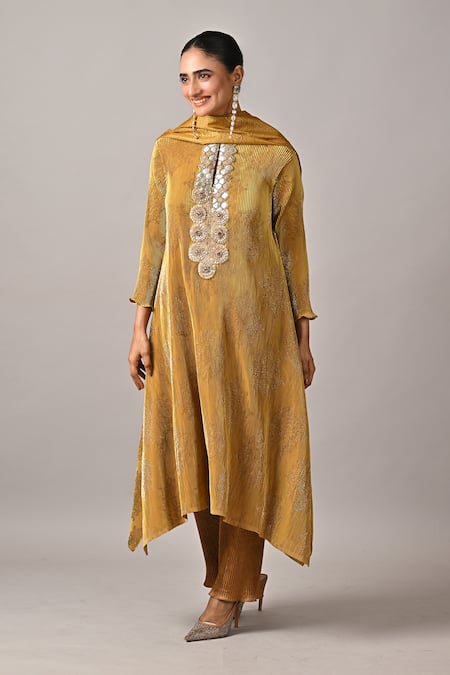 Shop_Kiran Uttam Ghosh_Mustard Polyester Sequins, Embroidery High Neck Hand Kurta _Online_at_Aza_Fashions