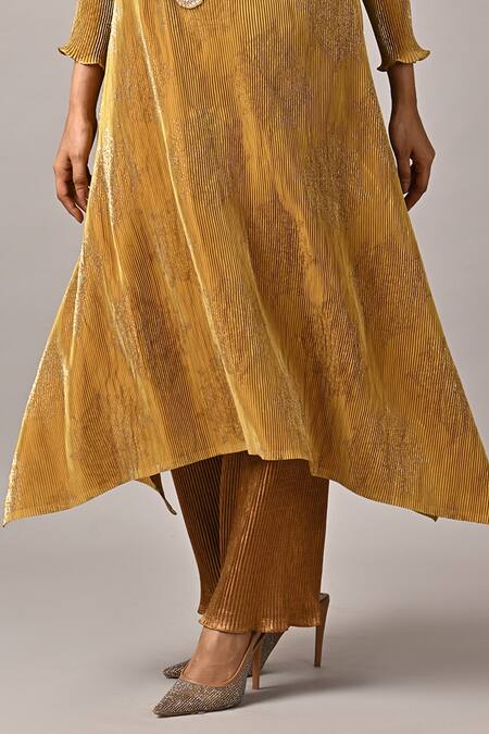 Buy_Kiran Uttam Ghosh_Gold Polyester Pleated Designer Pant _Online_at_Aza_Fashions