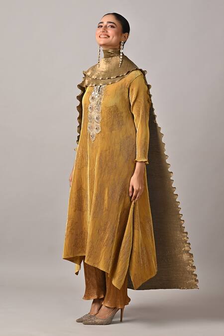 Shop_Kiran Uttam Ghosh_Gold Polyester Pleated Designer Pant _Online_at_Aza_Fashions