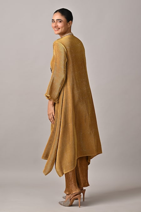 Kiran Uttam Ghosh Mustard Pleated Hand Embroidered Kurta 