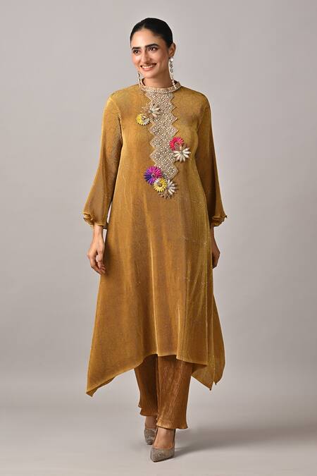 Kiran Uttam Ghosh_Mustard Polyester Fabric Flowers Round Neck Pleated Hand Embroidered Kurta _Online_at_Aza_Fashions