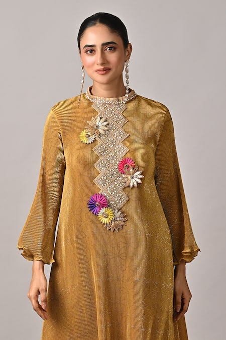 Buy_Kiran Uttam Ghosh_Mustard Polyester Fabric Flowers Round Neck Pleated Hand Embroidered Kurta _Online_at_Aza_Fashions