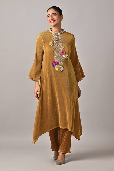 Shop_Kiran Uttam Ghosh_Mustard Polyester Fabric Flowers Round Neck Pleated Hand Embroidered Kurta _Online_at_Aza_Fashions