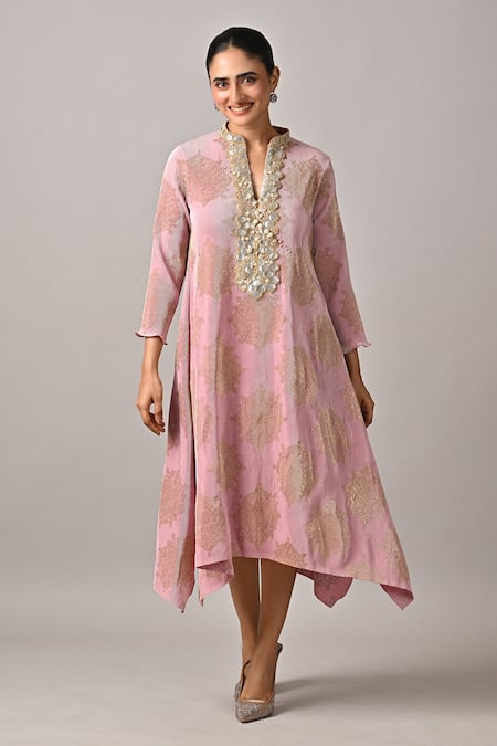 Kiran Uttam Ghosh Pink Polyester Beads Notched Neck Hand Embroidered Pleated Kurta 
