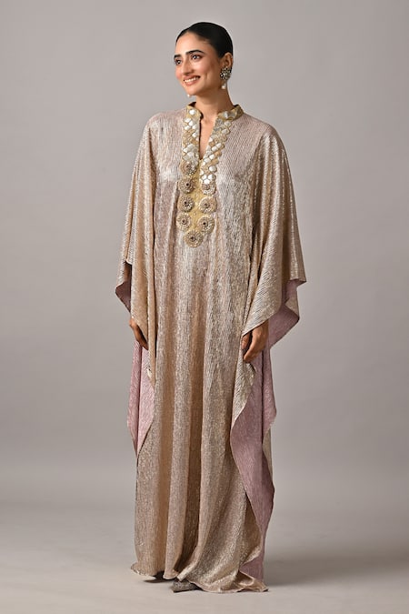 Kiran Uttam Ghosh Ivory Jersey Embroidery V-neck Hand Kaftan Dress 