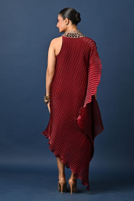 Kiran Uttam Ghosh Maroon Hand Embroidered Pleated Dress 