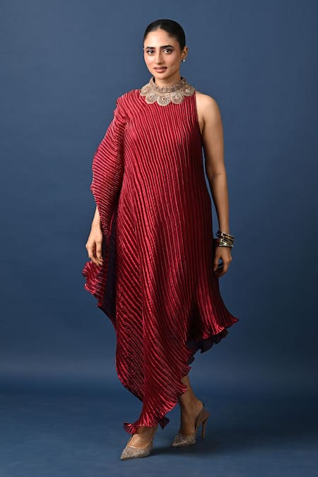 Kiran Uttam Ghosh_Maroon Polyester Embroidery High Neck Hand Pleated Dress _Online_at_Aza_Fashions
