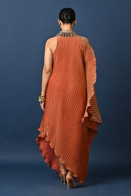 Kiran Uttam Ghosh Peach Hand Embroidered Pleated Dress 