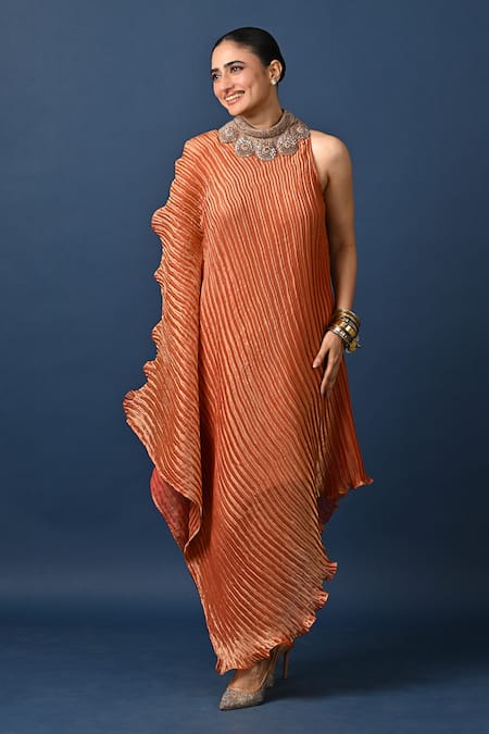 Kiran Uttam Ghosh Peach Polyester Embroidery High Neck Hand Pleated Dress 