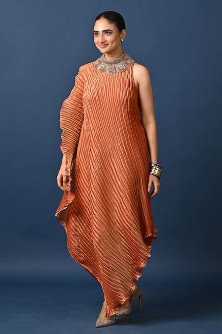 Buy Kiran Uttam Ghosh Peach Polyester Embroidery High Neck Hand Pleated Dress Online at Aza Fashions Buy_Kiran Uttam Ghosh_Peach Polyester Embroidery High Neck Hand Pleated Dress _Online_at_Aza_Fashions