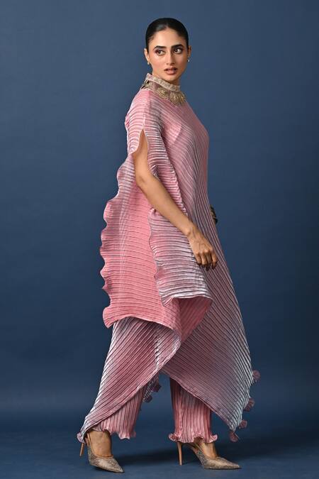 Buy_Kiran Uttam Ghosh_Pink Polyester Embroidery Round Neck Hand Pleated Kurta _Online_at_Aza_Fashions