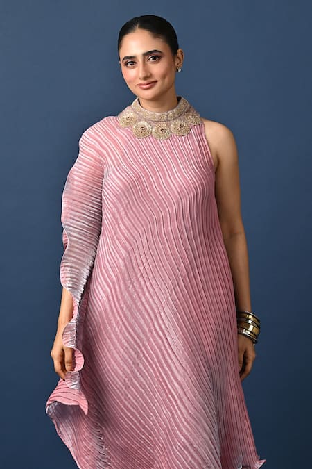 Shop_Kiran Uttam Ghosh_Pink Polyester Embroidery Round Neck Hand Pleated Kurta _Online_at_Aza_Fashions