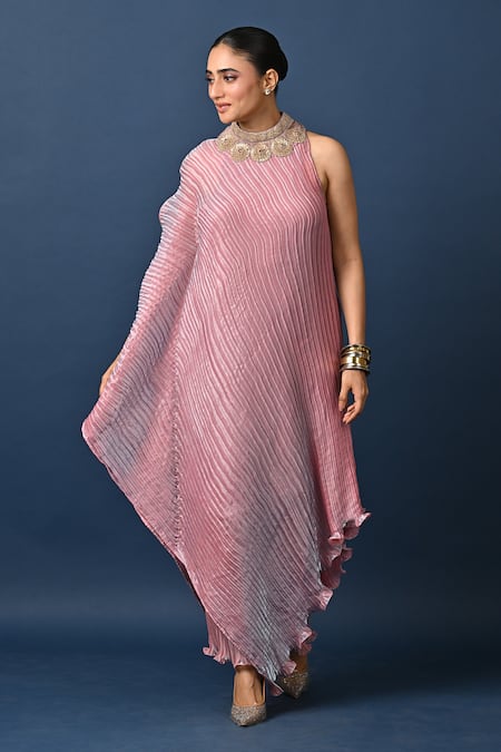 Kiran Uttam Ghosh_Pink Polyester Embroidery Round Neck Hand Pleated Kurta _at_Aza_Fashions