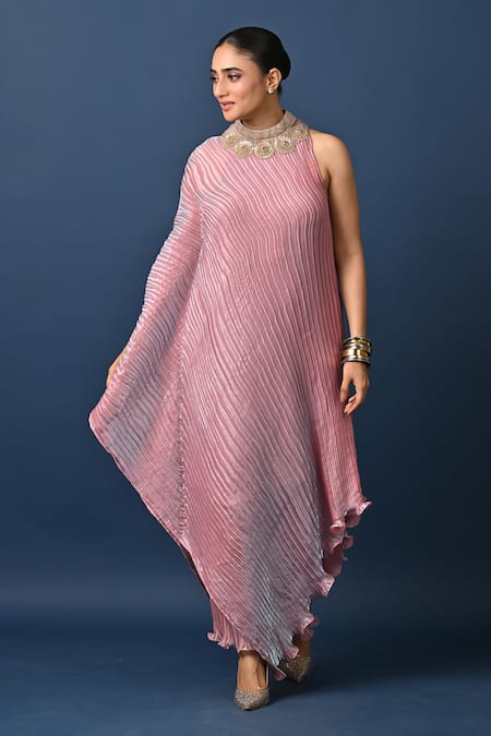 Shop_Kiran Uttam Ghosh_Pink Polyester Pleated Designer Pant _Online_at_Aza_Fashions