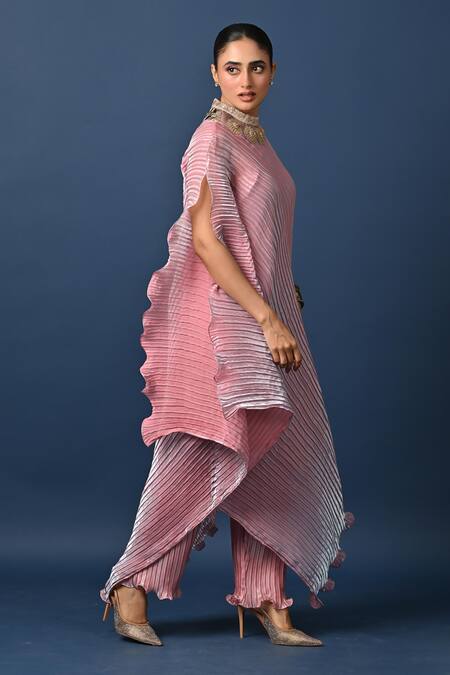 Kiran Uttam Ghosh_Pink Polyester Pleated Designer Pant _at_Aza_Fashions