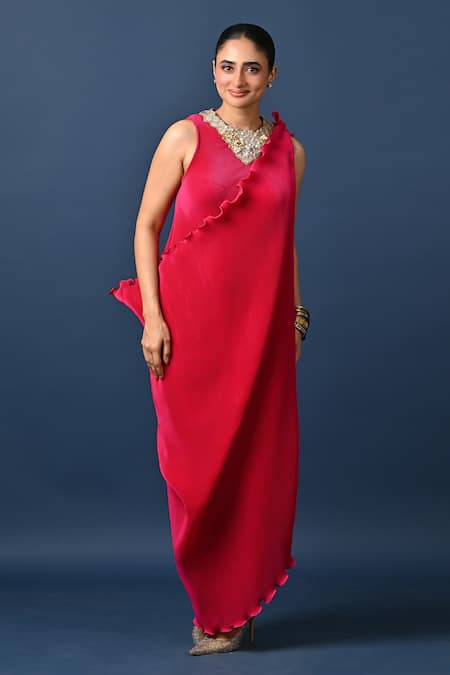 Kiran Uttam Ghosh Pink Hand Embroidered Dress & Drape 