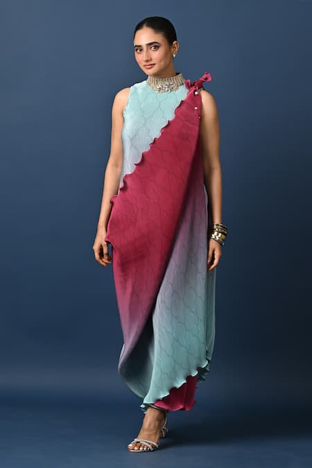 Kiran Uttam Ghosh Blue Polyester Embroidery Round Neck Pleated Designer Dress And Drape Set 