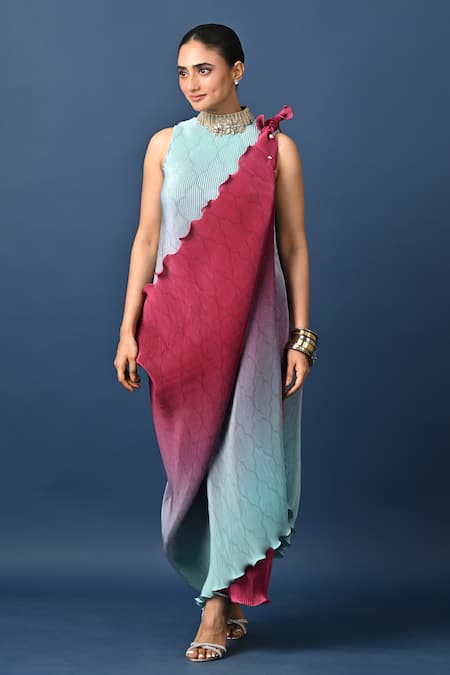 Kiran Uttam Ghosh_Blue Polyester Embroidery Round Neck Pleated Designer Dress And Drape Set _Online_at_Aza_Fashions