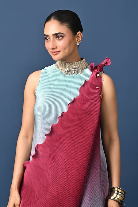 Buy_Kiran Uttam Ghosh_Blue Polyester Embroidery Round Neck Pleated Designer Dress And Drape Set _Online_at_Aza_Fashions