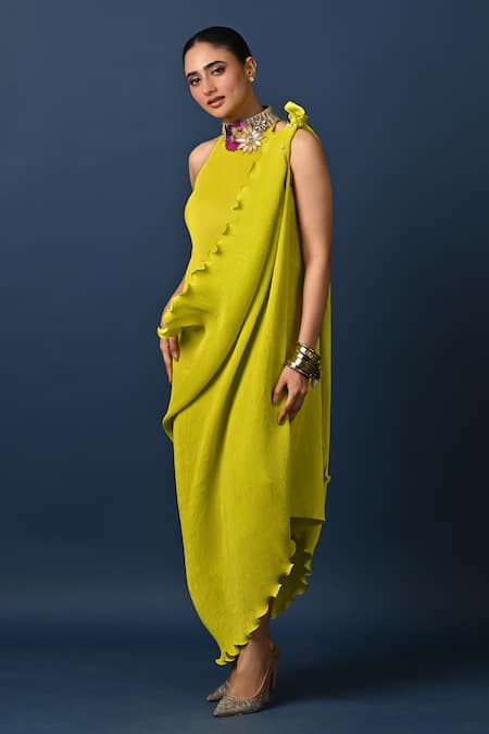 Kiran Uttam Ghosh_Green Polyester Embroidery Round Neck Pleated Designer Dress And Drape Set _Online_at_Aza_Fashions