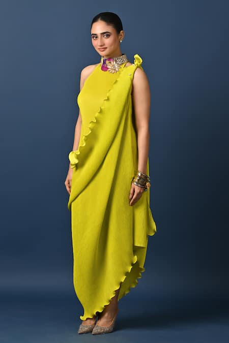 Shop_Kiran Uttam Ghosh_Green Polyester Embroidery Round Neck Pleated Designer Dress And Drape Set _Online_at_Aza_Fashions