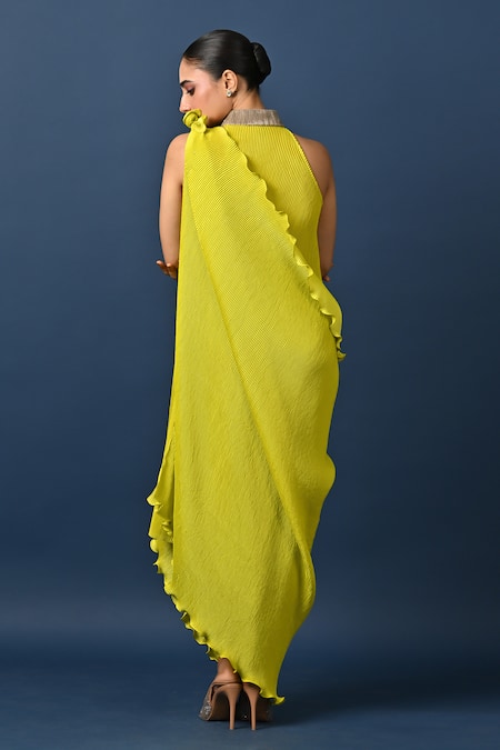 Kiran Uttam Ghosh Pleated Green Designer Dress & Drape Set 