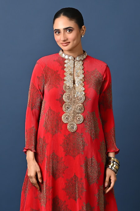 Buy_Kiran Uttam Ghosh_Red Polyester Embroidery Round Neck Hand Kurta _Online_at_Aza_Fashions
