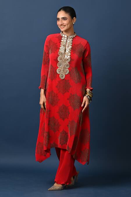 Buy Kiran Uttam Ghosh Red Polyester Pleated Pant Online at Aza Fashions Buy_Kiran Uttam Ghosh_Red Polyester Pleated Pant _Online_at_Aza_Fashions