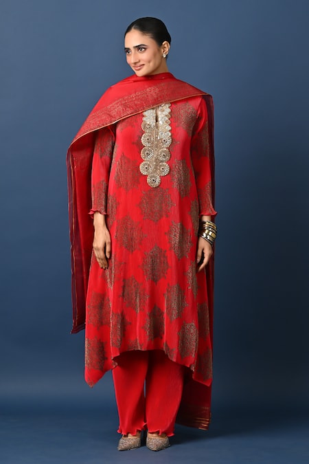 Kiran Uttam Ghosh Red Pleated Pant 