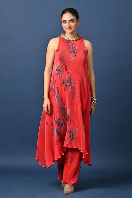 Kiran Uttam Ghosh Red Polyester Embroidery High Neck Hand Pleated Dress