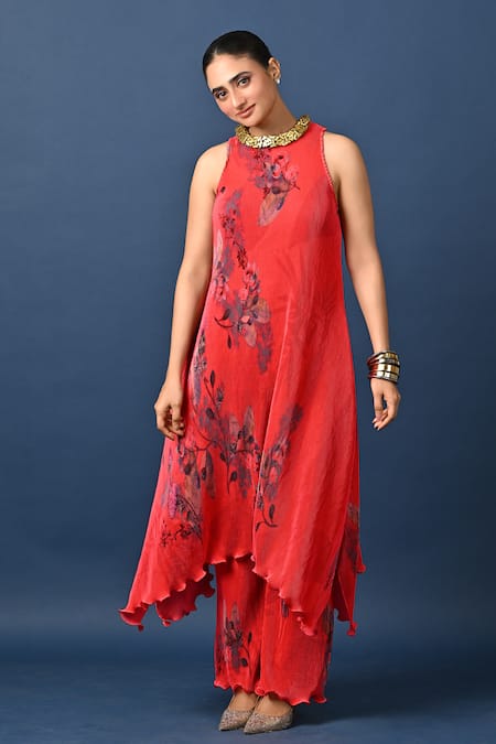 Kiran Uttam Ghosh Red Hand Embroidered Pleated Dress 