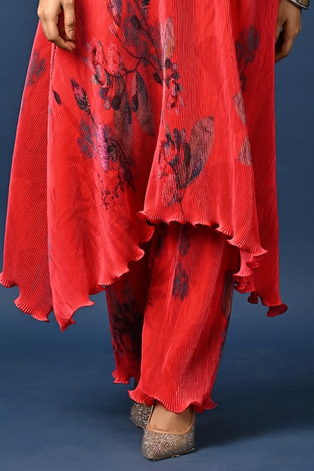 Kiran Uttam Ghosh_Red Polyester Pleated Pant _Online_at_Aza_Fashions