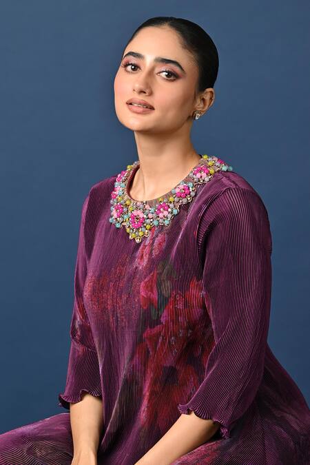 Buy_Kiran Uttam Ghosh_Wine Polyester Embroidery Round Neck Pleated Hand Kurta _Online_at_Aza_Fashions