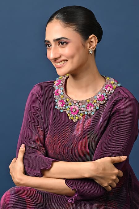 Shop_Kiran Uttam Ghosh_Wine Polyester Embroidery Round Neck Pleated Hand Kurta _Online_at_Aza_Fashions