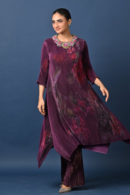 Kiran Uttam Ghosh Wine Pleated Hand Embroidered Kurta 