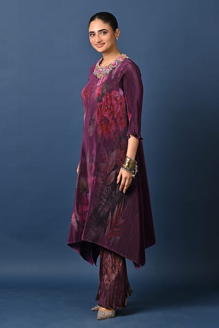 Kiran Uttam Ghosh_Wine Polyester Embroidery Round Neck Pleated Hand Kurta _at_Aza_Fashions