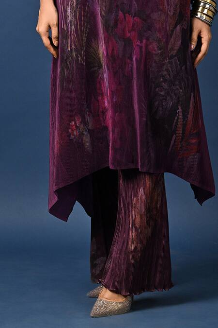 Kiran Uttam Ghosh_Wine Polyester Pleated Pant _Online_at_Aza_Fashions